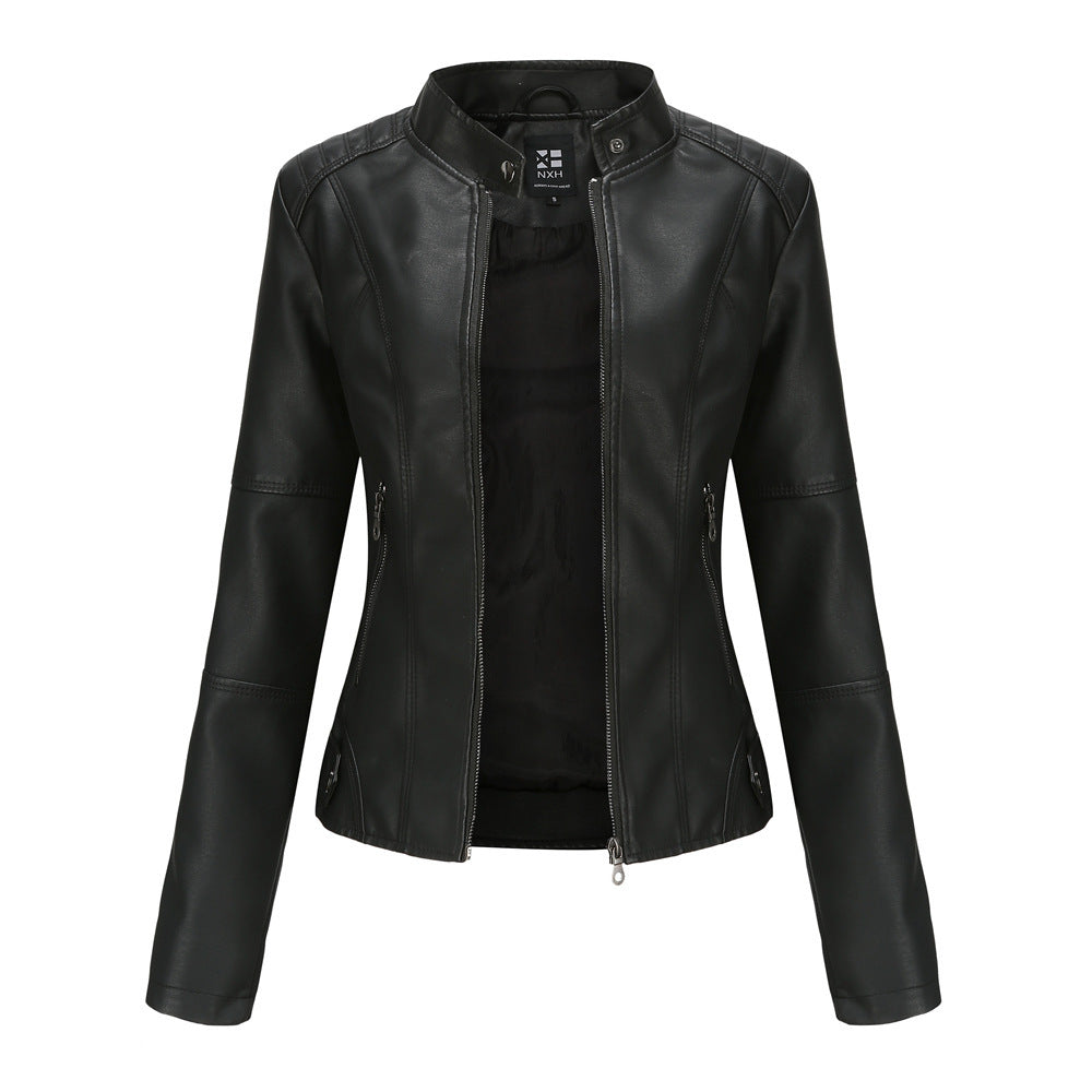 Bomber PU Leather Jacket for Women – European American Casual Outerwear with Stand Collar