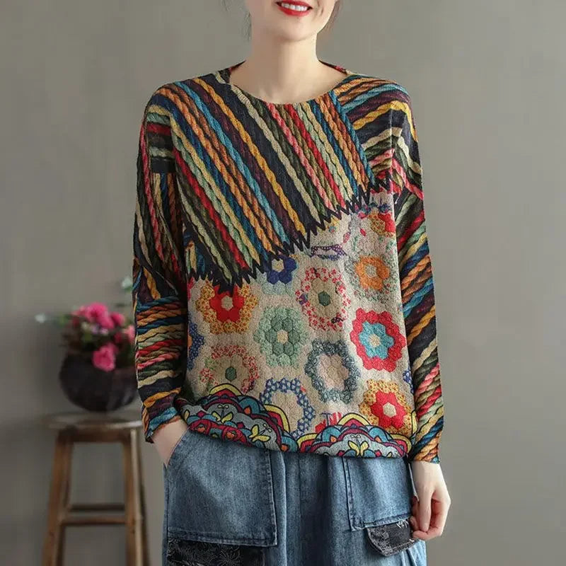 Vintage Ethnic Style Sweaters for Women – O-Neck Striped Patchwork Printing, Long Sleeve Knitted Pullover for Spring/Autumn