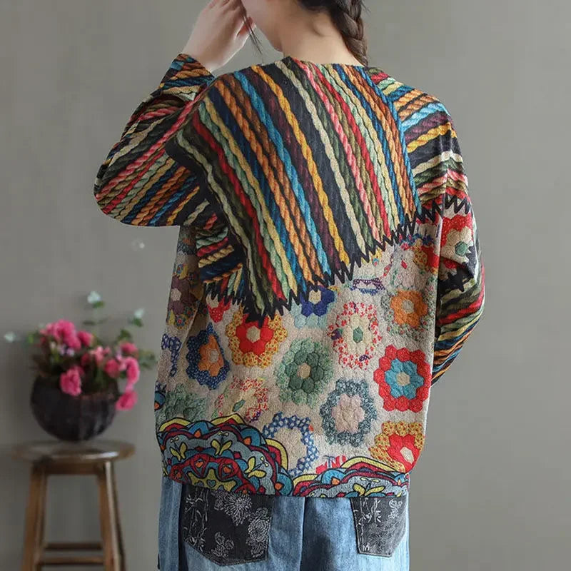 Vintage Ethnic Style Sweaters for Women – O-Neck Striped Patchwork Printing, Long Sleeve Knitted Pullover for Spring/Autumn