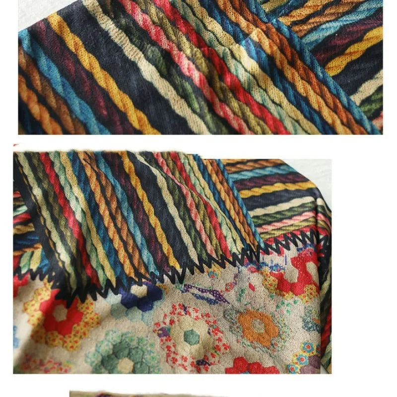 Vintage Ethnic Style Sweaters for Women – O-Neck Striped Patchwork Printing, Long Sleeve Knitted Pullover for Spring/Autumn