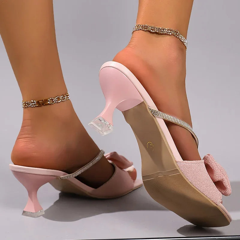 Luxury 2025 Vision Crystal Strap Pink Bowtie Party Wedding Shoes