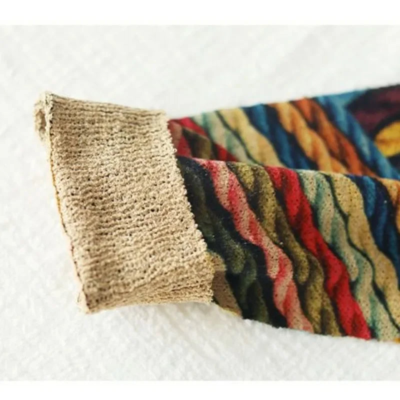 Vintage Ethnic Style Sweaters for Women – O-Neck Striped Patchwork Printing, Long Sleeve Knitted Pullover for Spring/Autumn