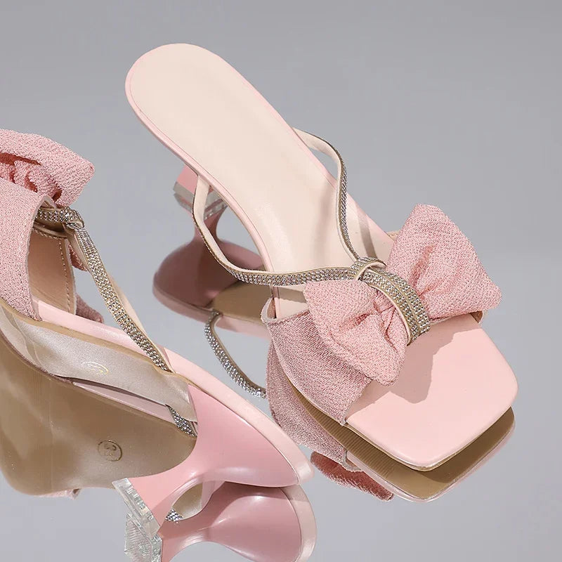 Luxury 2025 Vision Crystal Strap Pink Bowtie Party Wedding Shoes