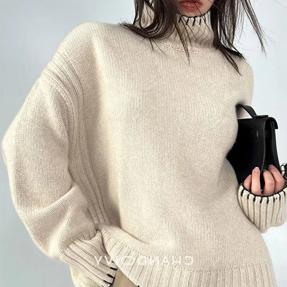 100% Pure Wool Cashmere Sweater for Women – 2025 Autumn/Winter Turtleneck Pullover, Loose Fit, Large Size, High Neck Knit Top