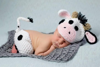 Hand-Knitted Cow Suit for Babies – Cozy Wool & Cotton Newborn Set