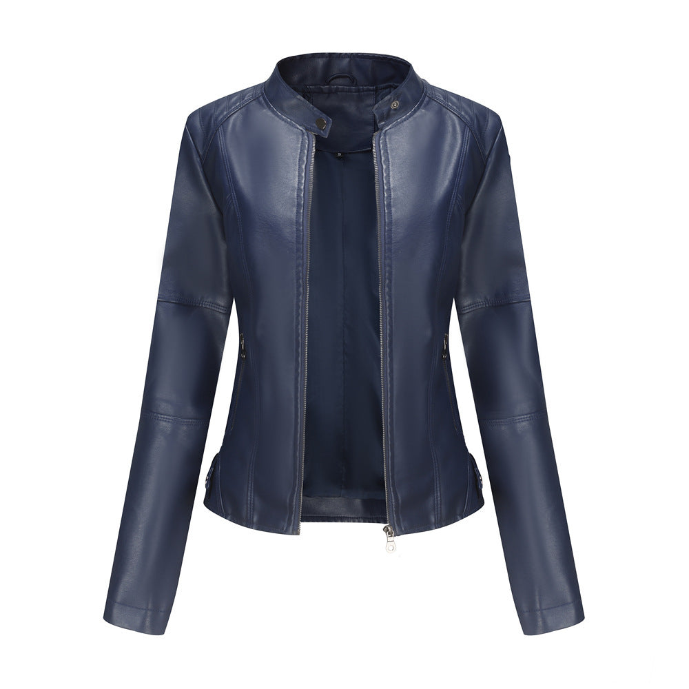 Bomber PU Leather Jacket for Women – European American Casual Outerwear with Stand Collar