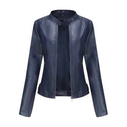 Bomber PU Leather Jacket for Women – European American Casual Outerwear with Stand Collar