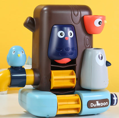 Toy robot with colorful components on a yellow background
