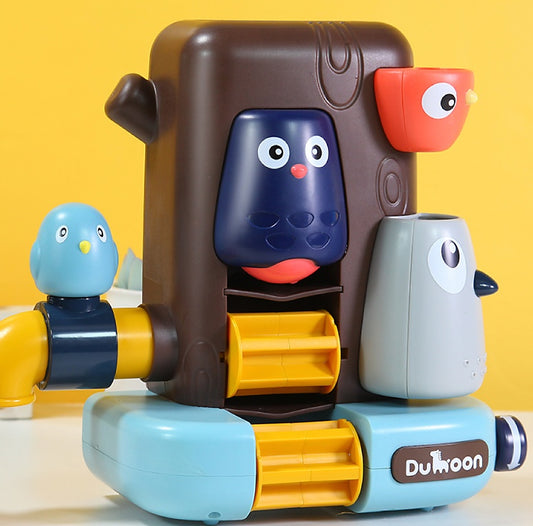 Toy robot with colorful components on a yellow background