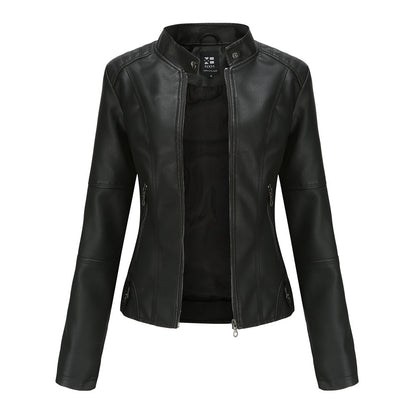 Bomber PU Leather Jacket for Women – European American Casual Outerwear with Stand Collar