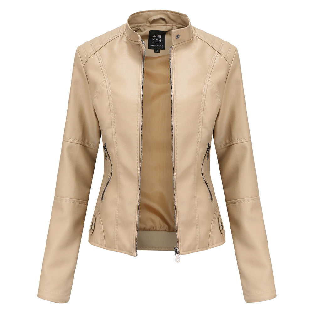 Bomber PU Leather Jacket for Women – European American Casual Outerwear with Stand Collar