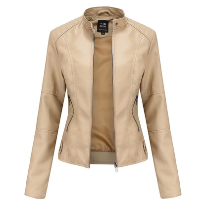Bomber PU Leather Jacket for Women – European American Casual Outerwear with Stand Collar