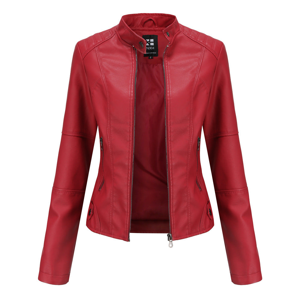 Bomber PU Leather Jacket for Women – European American Casual Outerwear with Stand Collar