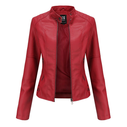 Bomber PU Leather Jacket for Women – European American Casual Outerwear with Stand Collar