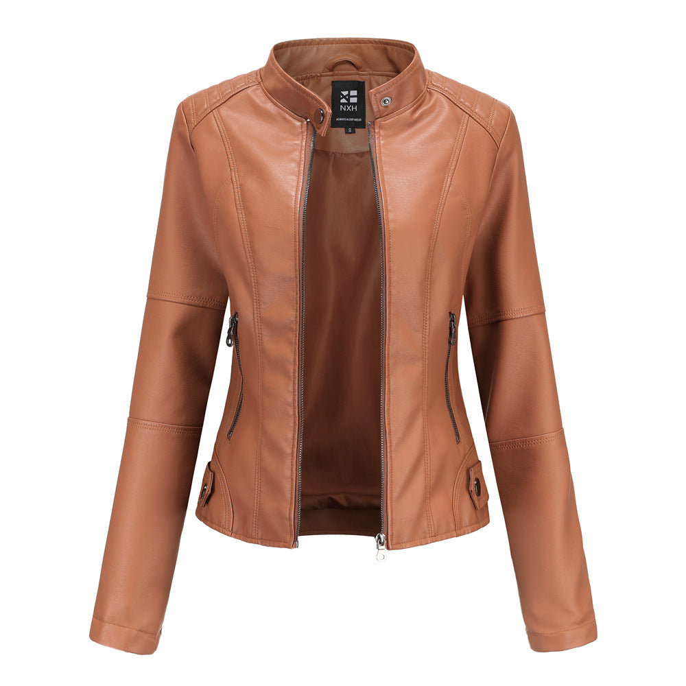 Bomber PU Leather Jacket for Women – European American Casual Outerwear with Stand Collar