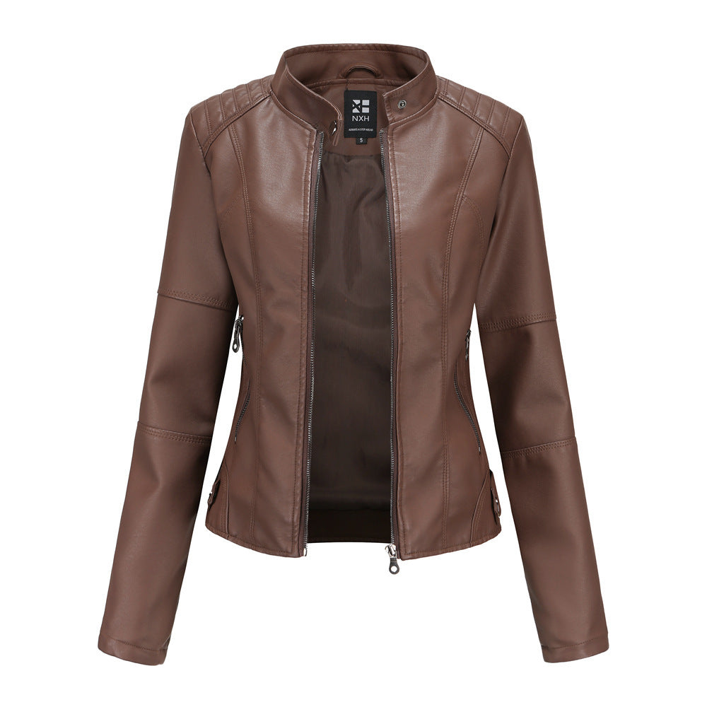 Bomber PU Leather Jacket for Women – European American Casual Outerwear with Stand Collar