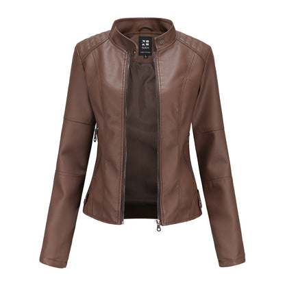 Bomber PU Leather Jacket for Women – European American Casual Outerwear with Stand Collar
