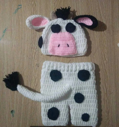 Hand-Knitted Cow Suit for Babies – Cozy Wool & Cotton Newborn Set