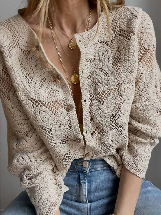 Elegant Beige Hollow Out Lace Shirt for Women – Vintage Hook Floral Long Sleeve Button-Up French Blouse Top