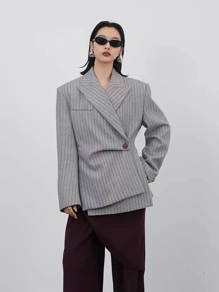 Striped Printed Irregular Coat for Women – Notched Collar Long Sleeve Hit Color Designer Blazer, Autumn Minimalist Style