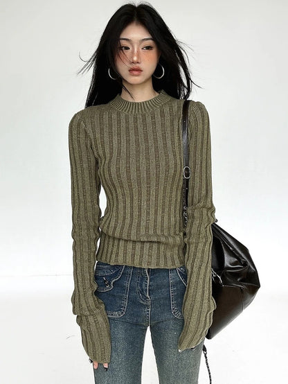 Deeptown Vintage Green Striped Crop Sweater – Fairy Grunge Harajuku Slim Fit Knitted Pullover for Women