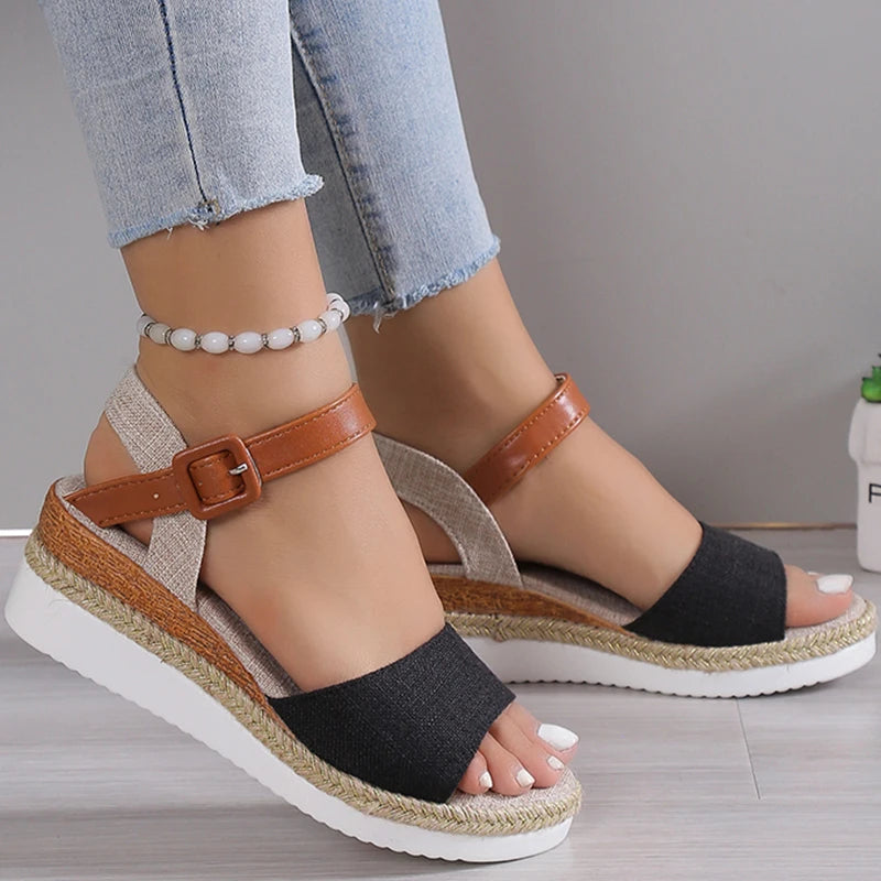 Women's Peep Toe Wedge Sandals – 2025 Summer Low Platform Shoes | Non-Slip Hemp Heeled Sandalias Mujer