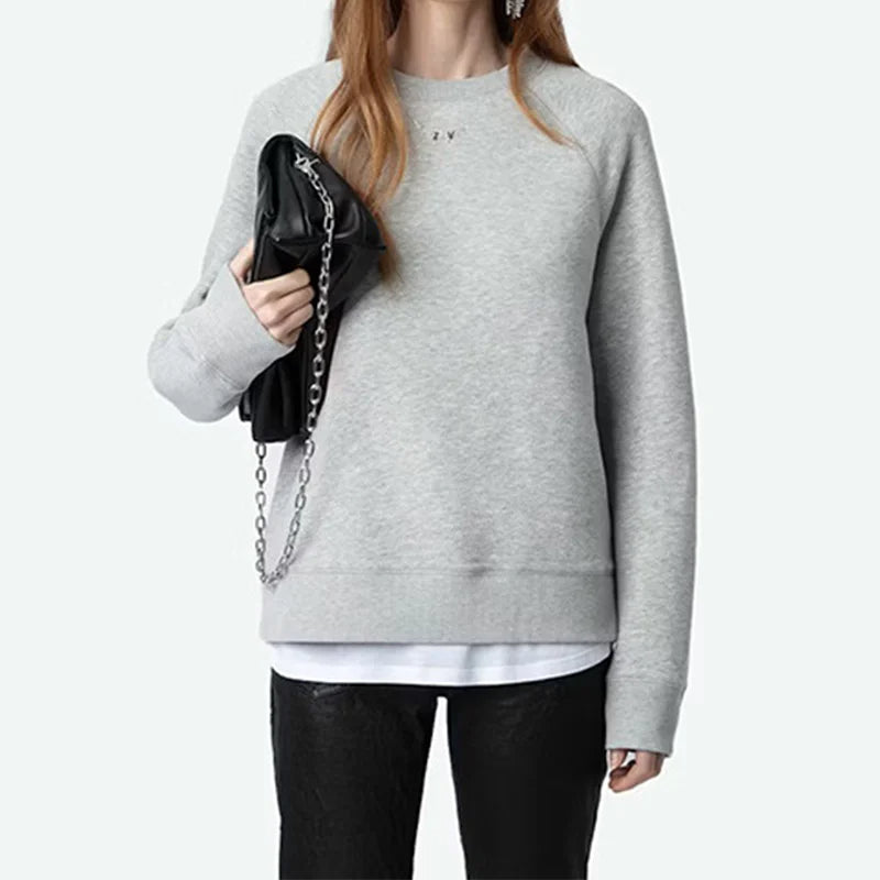 Women's Winter Fleece Sweatshirt – Round Neck Cotton Pullover with Diamante Wings