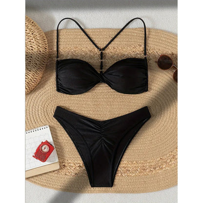 2025 Sexy Black Twist Bikini Set – Micro Thong Backless Swimsuit for Women