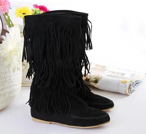 Flat Heel Round Toe Tassel Women Long Boots