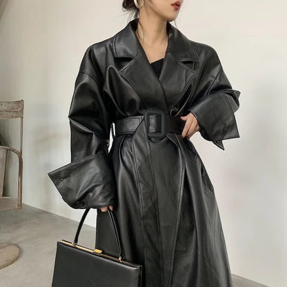 2025 New Fashion Women British Elegant Extra Long Black Faux Leather Trench Coat – Belted Vintage Luxury Designer Jacket