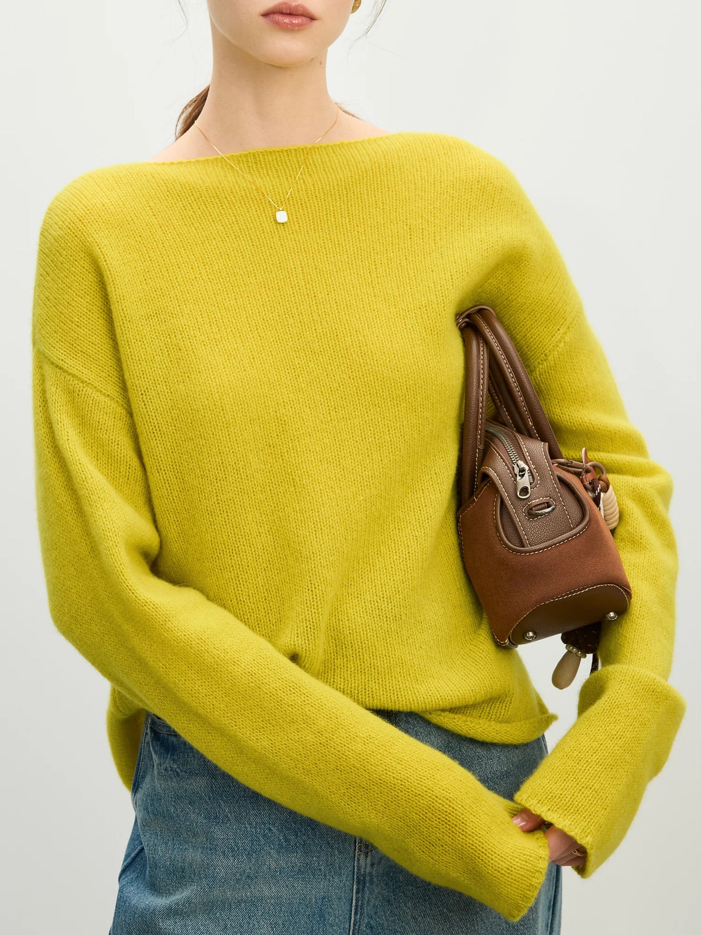 Women’s 100% Wool Pullover Sweater – 2025 Spring Solid Knit Sweater, Boat Collar, Casual Yellow Green Top