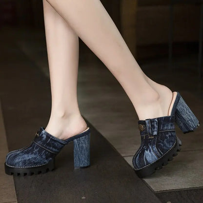 2025 Women's Fashion Baotou High Heel Denim Slippers – Thick-Soled Casual & Comfortable Autumn Footwear