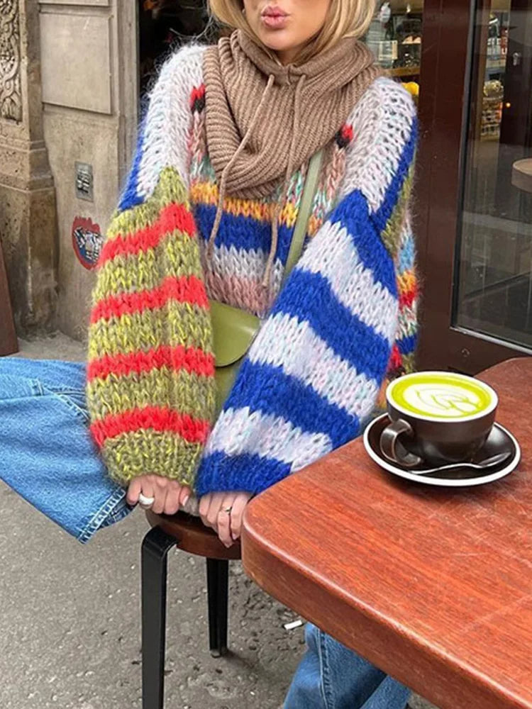 Elegant Multi Color Striped O-Neck Crochet Knitted Sweater