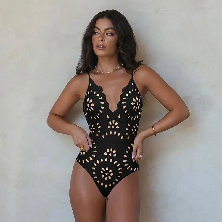 2025 Sexy Hollow Out One-Piece Swimsuit – Solid Summer Beachwear & Bathing Suit for Women