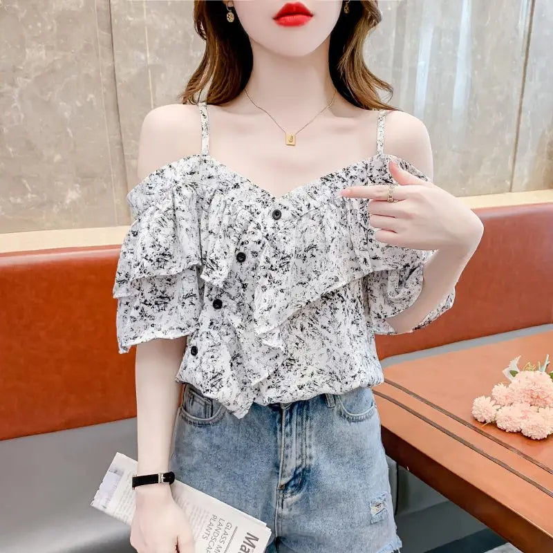 Modisches Off-Shoulder One-Shoulder Kurzarmshirt für Damen – Neues französisches Rüschen-Hosenträgertop für den Sommer