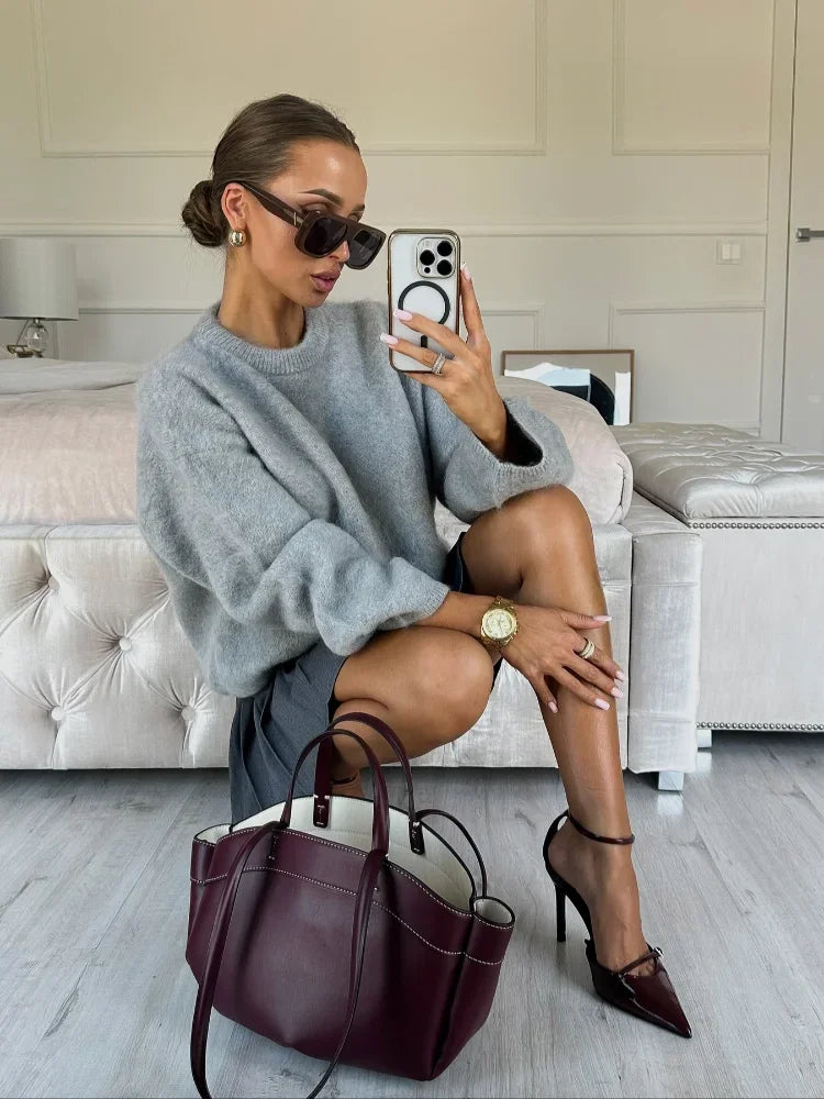Übergroßer Mohair-Strickpullover mit langen Ärmeln für Damen – Graue, lockere Pulloveroberteile mit Rundhalsausschnitt, High Street-Pullover für Herbst 2025