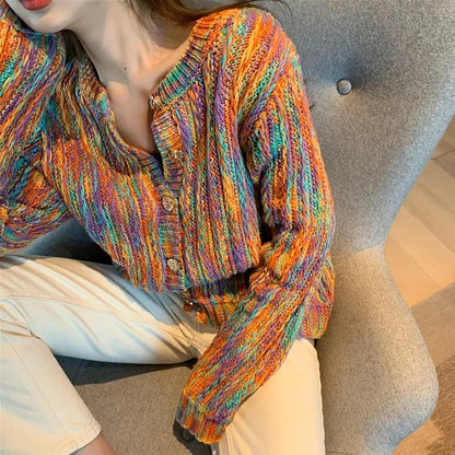 New Winter Korean Fashion Rainbow Color Cardigan