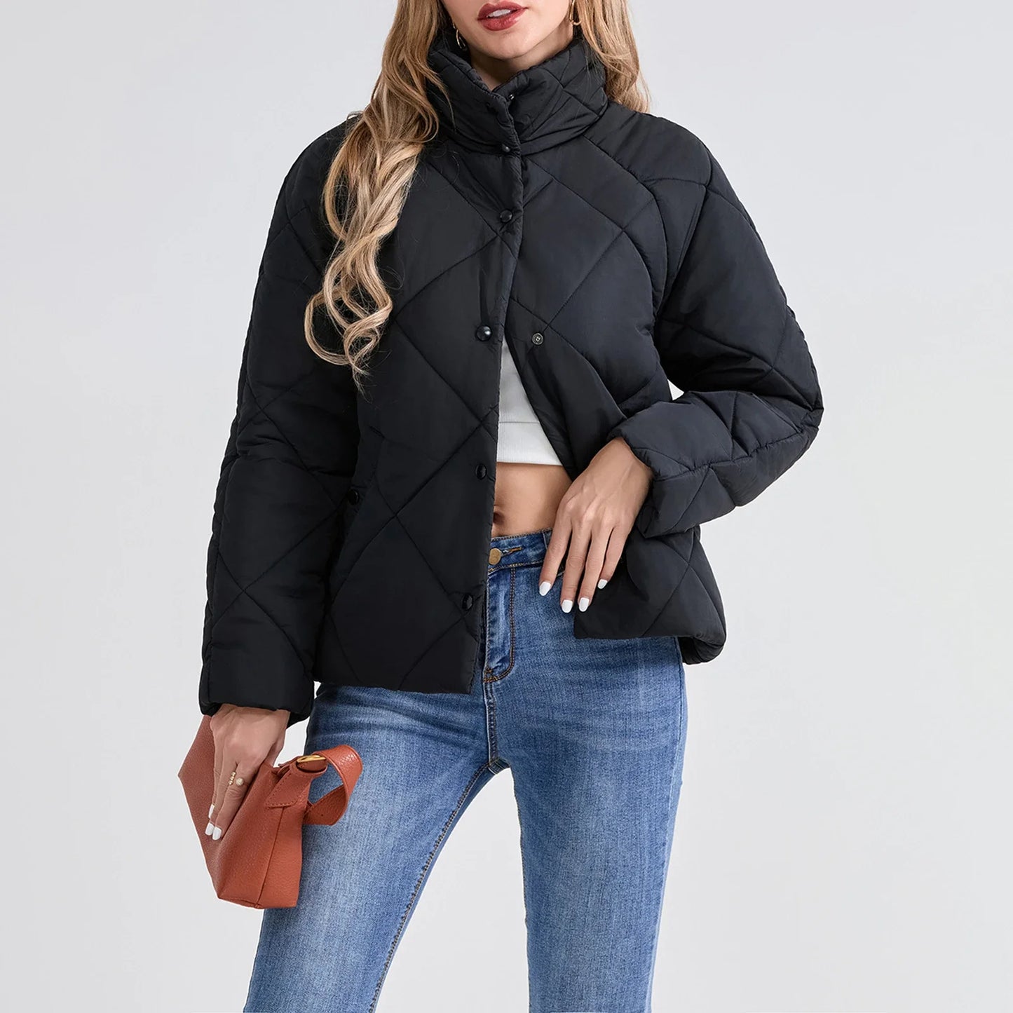 2025 New Fashion Women's Winter Puffer Coat – Solid Color Quilted Stand Collar Jacket with Long Sleeves