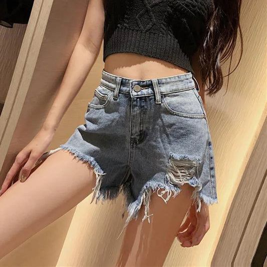 2025 Women's High-Waist Denim Shorts – Korean Fashion Loose Fit Ripped Jean Shorts, Casual Summer Streetwear