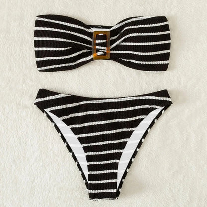 Retro Black & White Striped Bikini – High Waist Bandeau Two-Piece Swimsuit for Women’s Beach Vacation