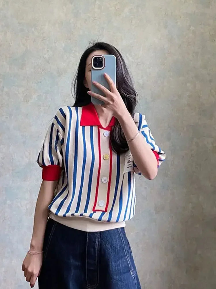 Women's Striped Polo Shirt – Cute Kawaii Button Tee | Trendy 2025 Luxury Youth Fashion