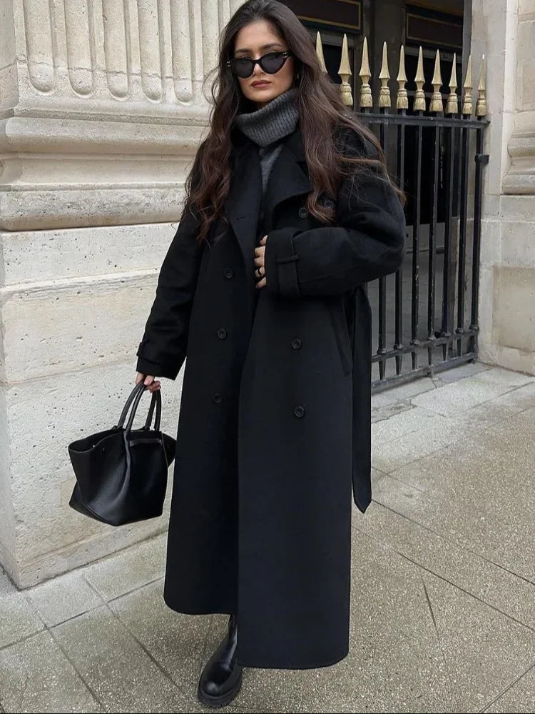 Women's Black Wool Trench Coat – Elegant Oversized Long Lapel Coat with Belt, Double Button High Street Outerwear