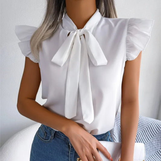 2025 Women's Summer Chiffon Blouse – Black Ear Strap Bow Sleeveless Top | Slim Solid Office Lady Pullover Blusas