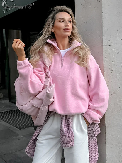 Fleece Pink Zipper Pullover Tops for Women – Streetwear Long Sleeve Sweatshirt, Autumn Winter 2025 Fashion