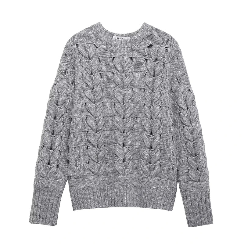 Damen-Strickpullover mit Rundhalsausschnitt – Twist-Seil-Design, modischer Casual-Style, bequeme Strickware