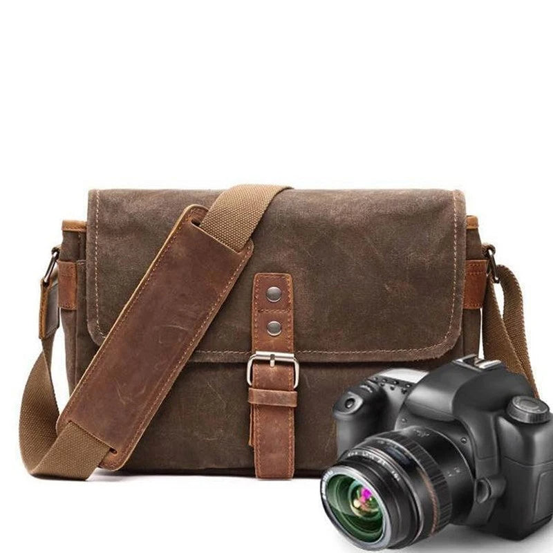 Men's Vintage Oil-Waxed Canvas Shoulder Bag – Waterproof Shockproof DSLR Camera Crossbody Messenger Bag for Men