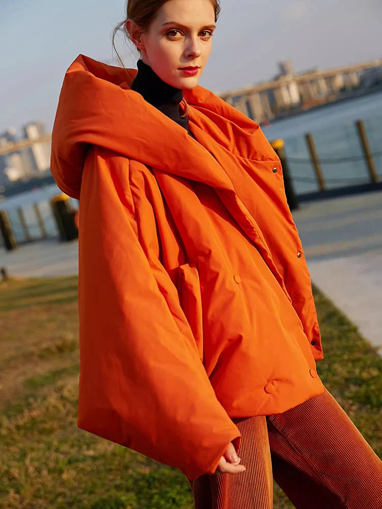 Women's Oversized Down Jacket - Fluffy, Warm, Hooded Parka, Long Sleeve, Orange Red, Winter 2025 Fashion