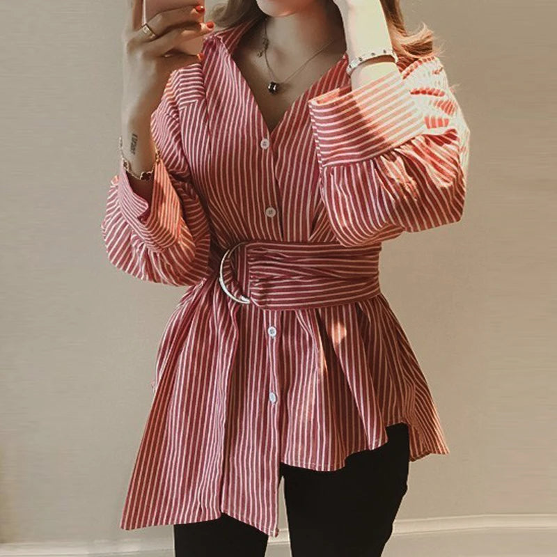 Women's Striped Button-Up Shirt with Belt – Casual Loose Fit, Long Sleeve Turn-Down Collar Oversized Blouse for Autumn Streetwear