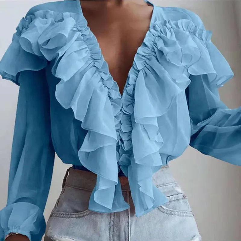 Women's Fashion Sexy Deep V-Neck Pullover Shirt – Elegant Pleated Ruffles, White Long Sleeve Blouse for Spring & Autumn