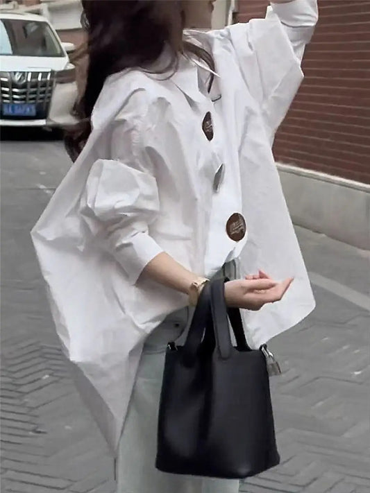 Autumn 2025 Women's Loose Casual Cotton Button-Up Shirt – Korean Lantern Sleeve, Oversized Blouse Top